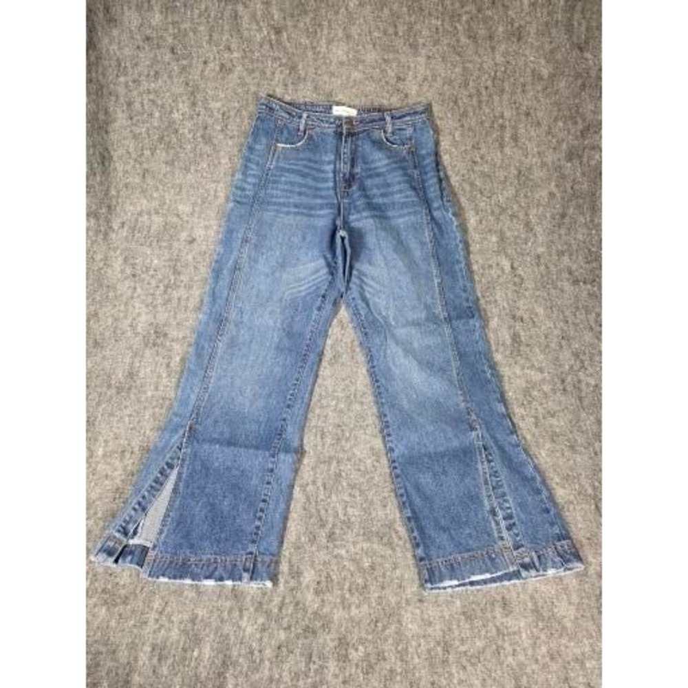 Hustle N Holla Womens High Rise Wide Leg Jeans Blue Seam Detail Slit Hem Size 8